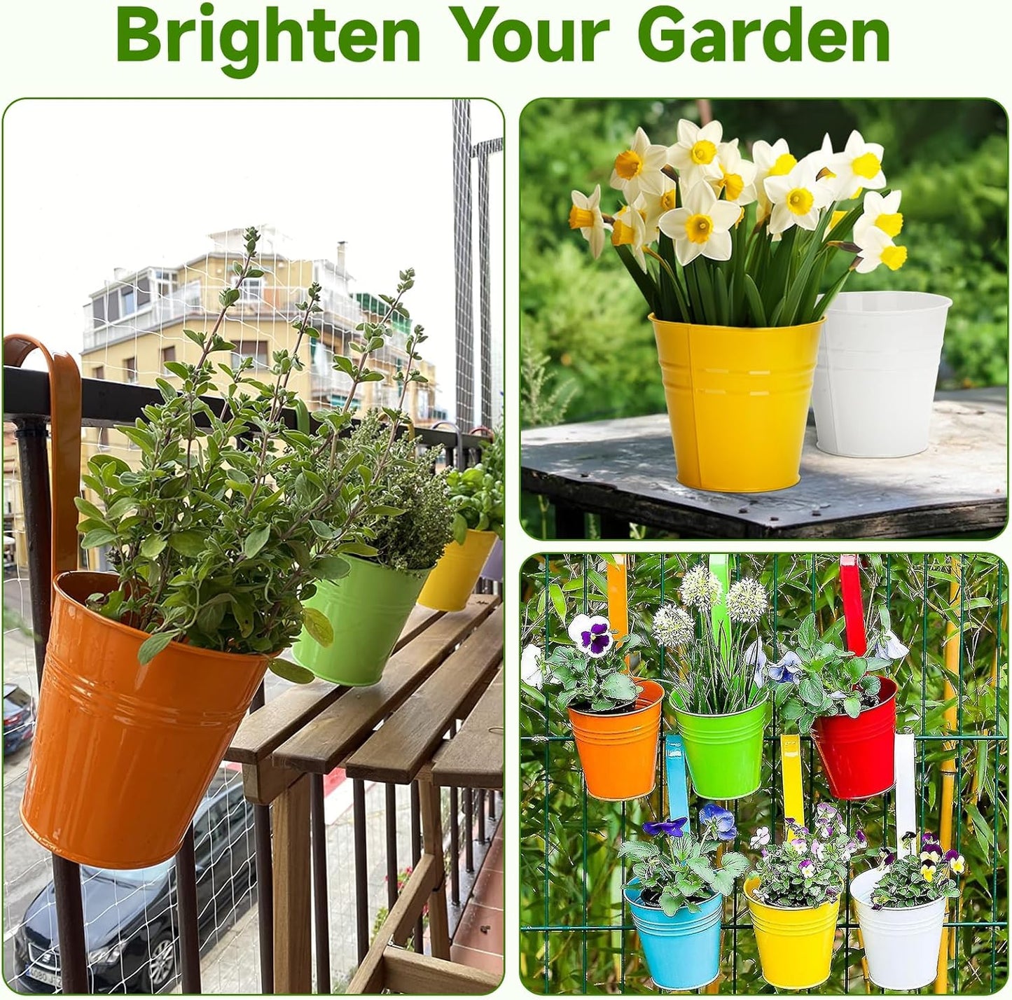 KINGLAKE Flower Pots,10 Pcs Metal Iron Hanging Flower Plant Pots Balcony Garden Plant Planter Baskets Fence Bucket Pot 4'' Flower Holders with Detachable Hook