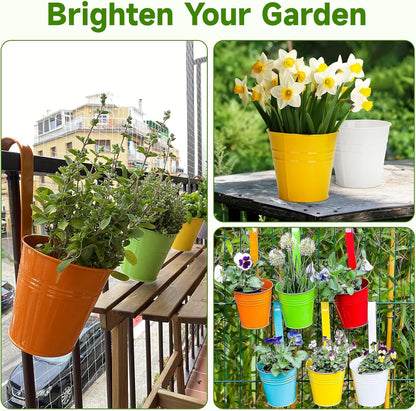 KINGLAKE Flower Pots,10 Pcs Metal Iron Hanging Flower Plant Pots Balcony Garden Plant Planter Baskets Fence Bucket Pot 4'' Flower Holders with Detachable Hook