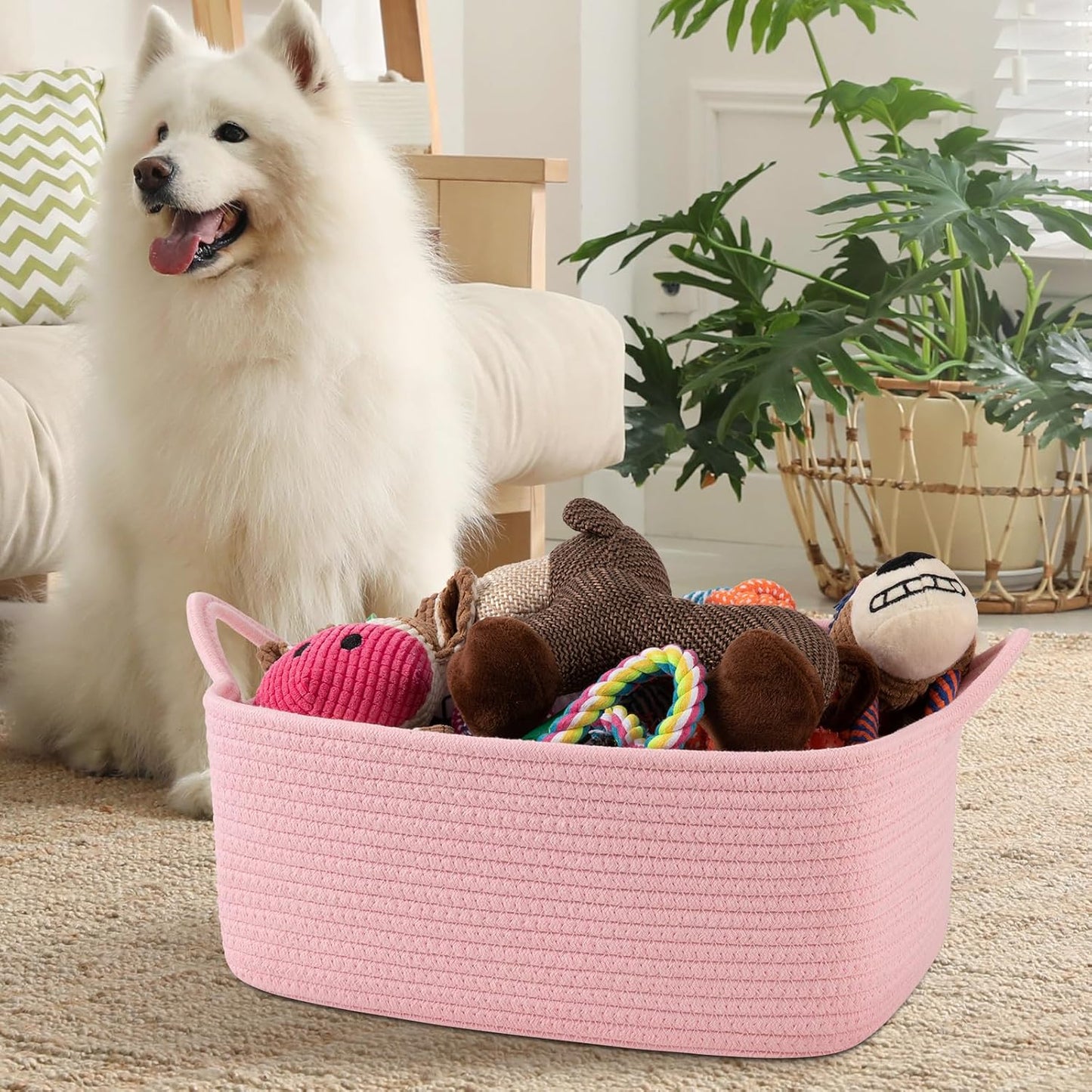 OIAHOMY Woven Basket, Gift Basket Empty with Gift Bags and Ribbons, Rope Baskets for Baby Showers, Storage Baskets with Handles for Nursery, Pet Toy Organizer - White