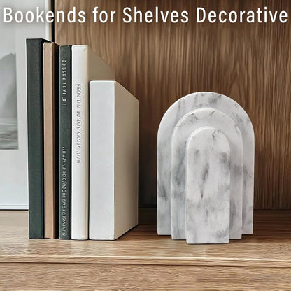 LIN CHUAN Heavy Duty Bookends for Shelves, 6.6 LBS Heavy Book Ends for Heavy Books, Decorative Modern Bookends with Faux Sandstone Look, Layered Arch Book Stopper for Bookshelf Holder Set of 2, Beige