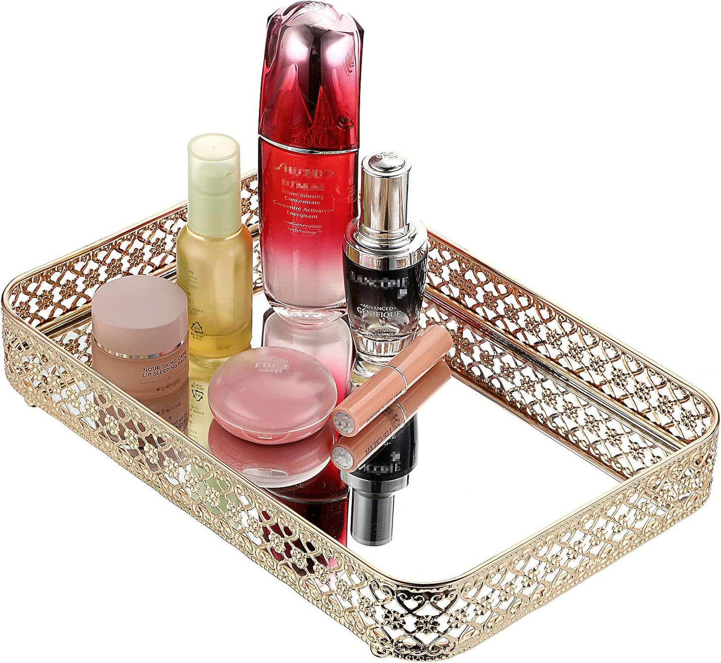 ELLDOO Perfume & Makeup Vanity Tray - Hollow-Carved Jewelry Storage, Glass & Metal Trinket Organizer for Dresser & Bathroom Countertop, Gold, Medium Size