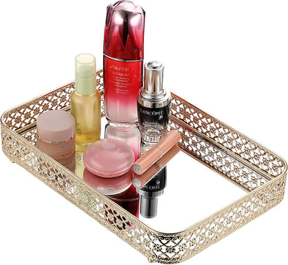 ELLDOO Perfume & Makeup Vanity Tray - Hollow-Carved Jewelry Storage, Glass & Metal Trinket Organizer for Dresser & Bathroom Countertop, Gold, Medium Size