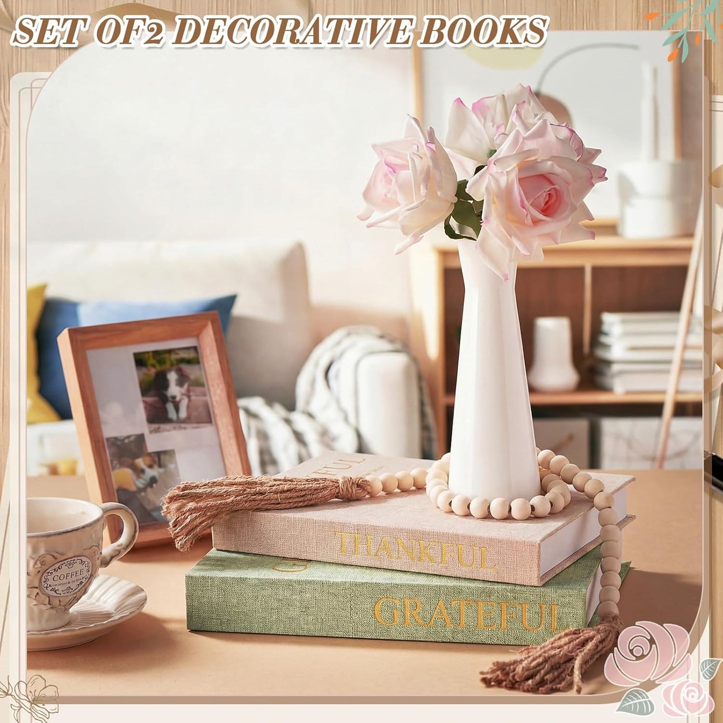 Faccito Set of 2 Linen Decorative Books with Wooden Beaded Garland Tassel Elegant Linen Books Aesthetic Gold Foil Fake Book for Coffee Table Shelf Mantel Storage Boxes(Mint Green)