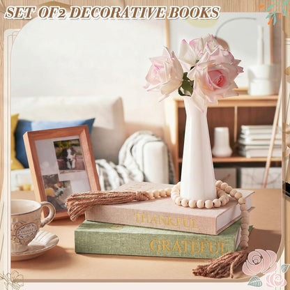 Faccito Set of 2 Linen Decorative Books with Wooden Beaded Garland Tassel Elegant Linen Books Aesthetic Gold Foil Fake Book for Coffee Table Shelf Mantel Storage Boxes(Mint Green)