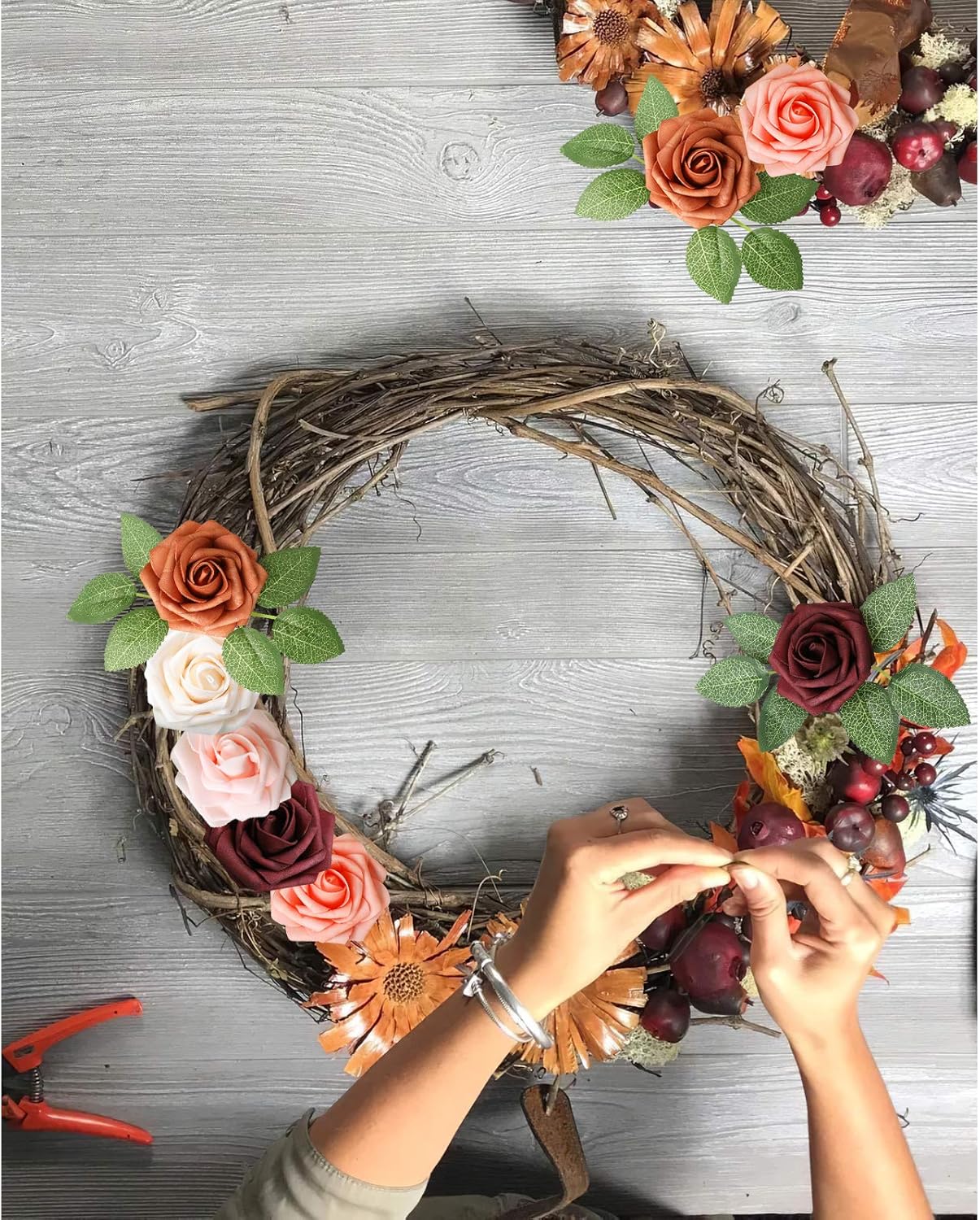 AmyHomie Artificial Flowers Dark Red Rose 25pcs Real Looking Fake Roses w/Stem for DIY Wedding Bouquets Centerpieces Arrangements Party Baby Shower Mothers Day Christmas Tree Decorations