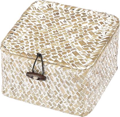 Hipiwe Seagrass Basket with Lid Wicker Storage Basket Square Handwoven Decorative Baskets Box for Shelf Multipurpose Household Baskets Home Decor,X-small