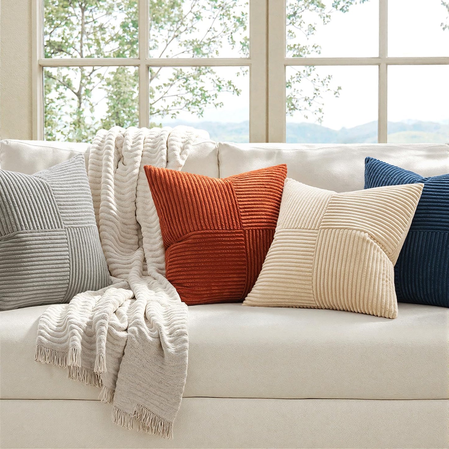 MIULEE Teal Orange Decorative Throw Pillow Covers 18x18 Inch Set of 4 Boho Corduroy Striped Cushion Cases Modern Farmhouse Patchwork Pillow Cases for Couch Sofa Bedroom Home Decor