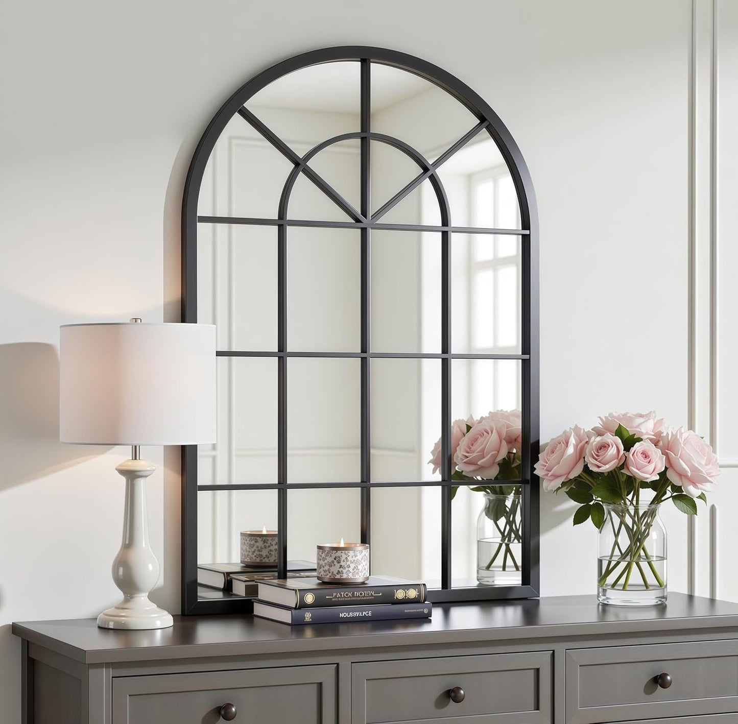 Dewfig 65"x 22" Arched Window pane Full Length Mirror, Wall Mirror, Floor Standing Mirrors, Farmhouse Long Full Body Mirrors Wall Mounted for Living Room, Bedroom, Entryway, Fireplace, Black