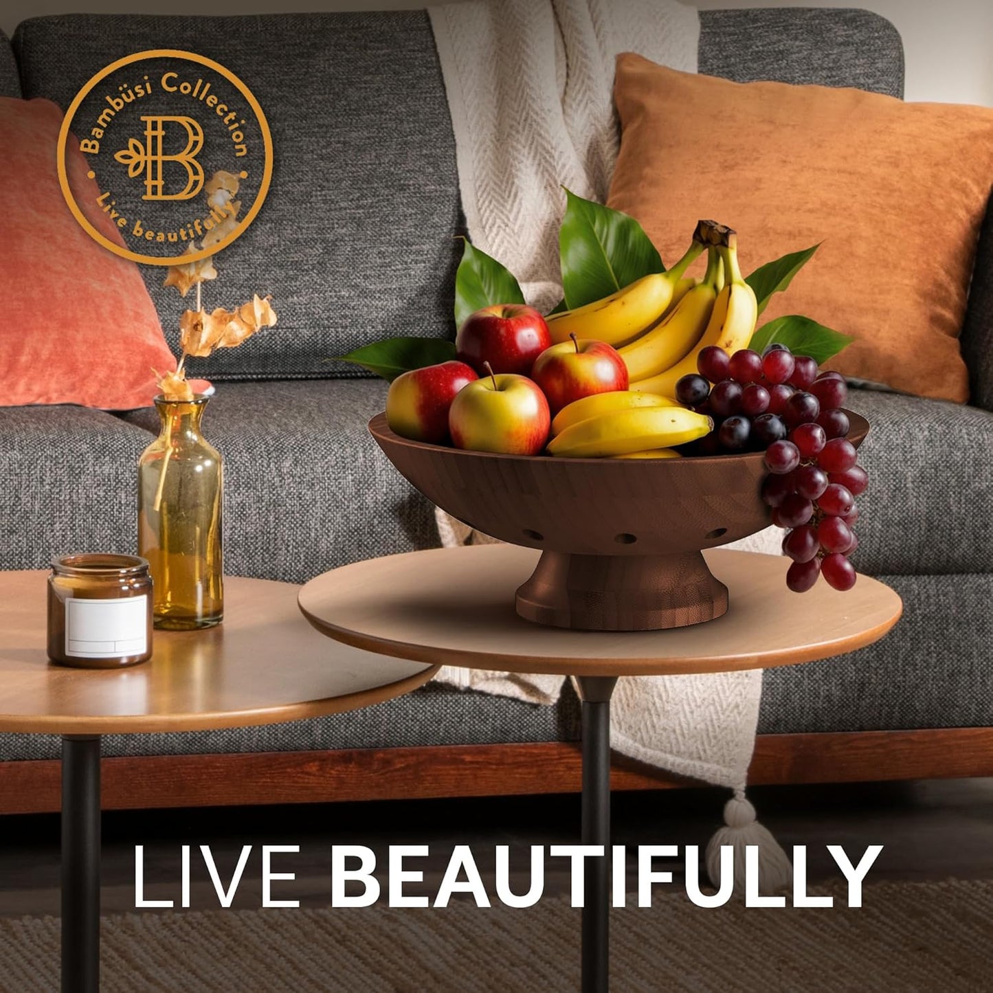 Fruit Basket for Kitchen Counter - Fruit Bowl for Kitchen Counter, Bamboo Pedestal Fruit Basket with Ventilation Holes, Wooden Fruit Bowl for Fruit and Vegetable Storage, Decorative Frutero for Cocina