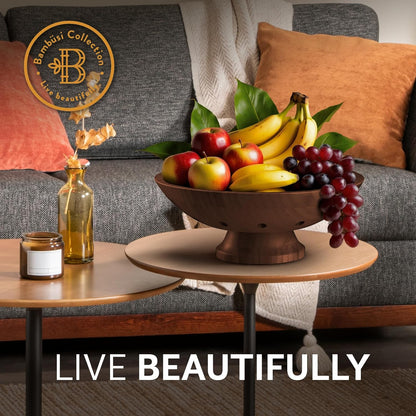 Fruit Basket for Kitchen Counter - Fruit Bowl for Kitchen Counter, Bamboo Pedestal Fruit Basket with Ventilation Holes, Wooden Fruit Bowl for Fruit and Vegetable Storage, Decorative Frutero for Cocina