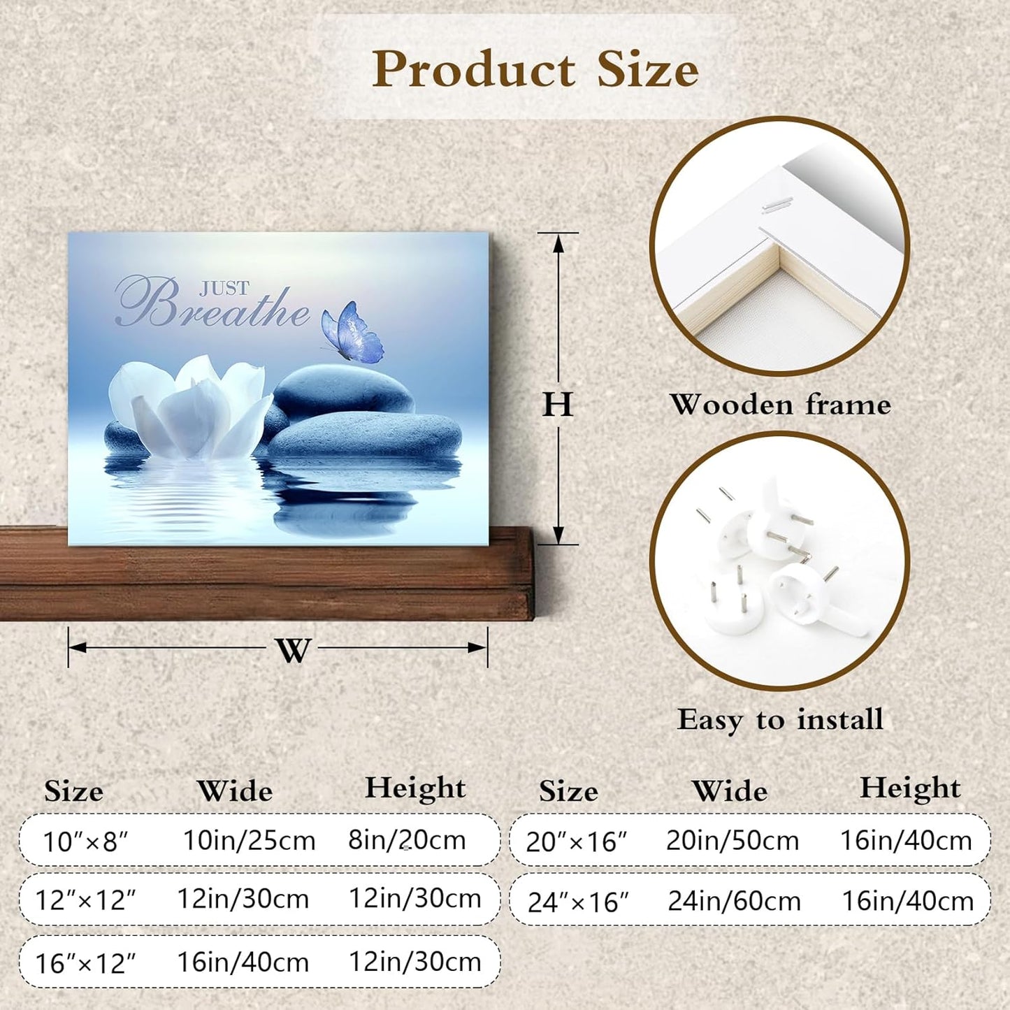 EOBTAIN Zen Flower Canvas Wall Art Bathroom Butterfly and Water Lily Stone Relaxing Spiritual Yoga Framed Wall Art Just Breathe Pictures Canvas Wall Decor for Living Room Bedroom,12x16 Inches