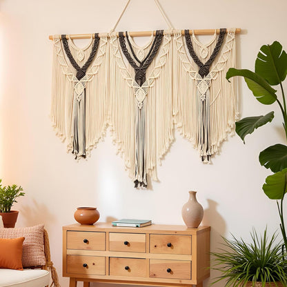 guzhiou large macrame wall hanging - Boho Tapestry Macrame Wall Decor Art- Chic Bohemian Handmade Woven Tapestry Home Decoration for Bedroom Living Room Apartment Wedding Party - 43"x32" (Wood bead)