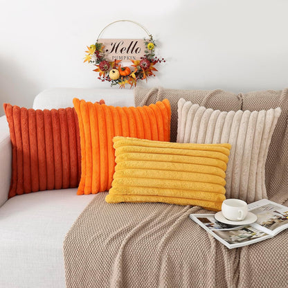 Pallene Faux Fur Plush Throw Pillow Covers 18x18 Set of 2, Luxury Soft Fluffy Striped Decorative Pillow Covers for Sofa, Couch, Living Room, Cream White