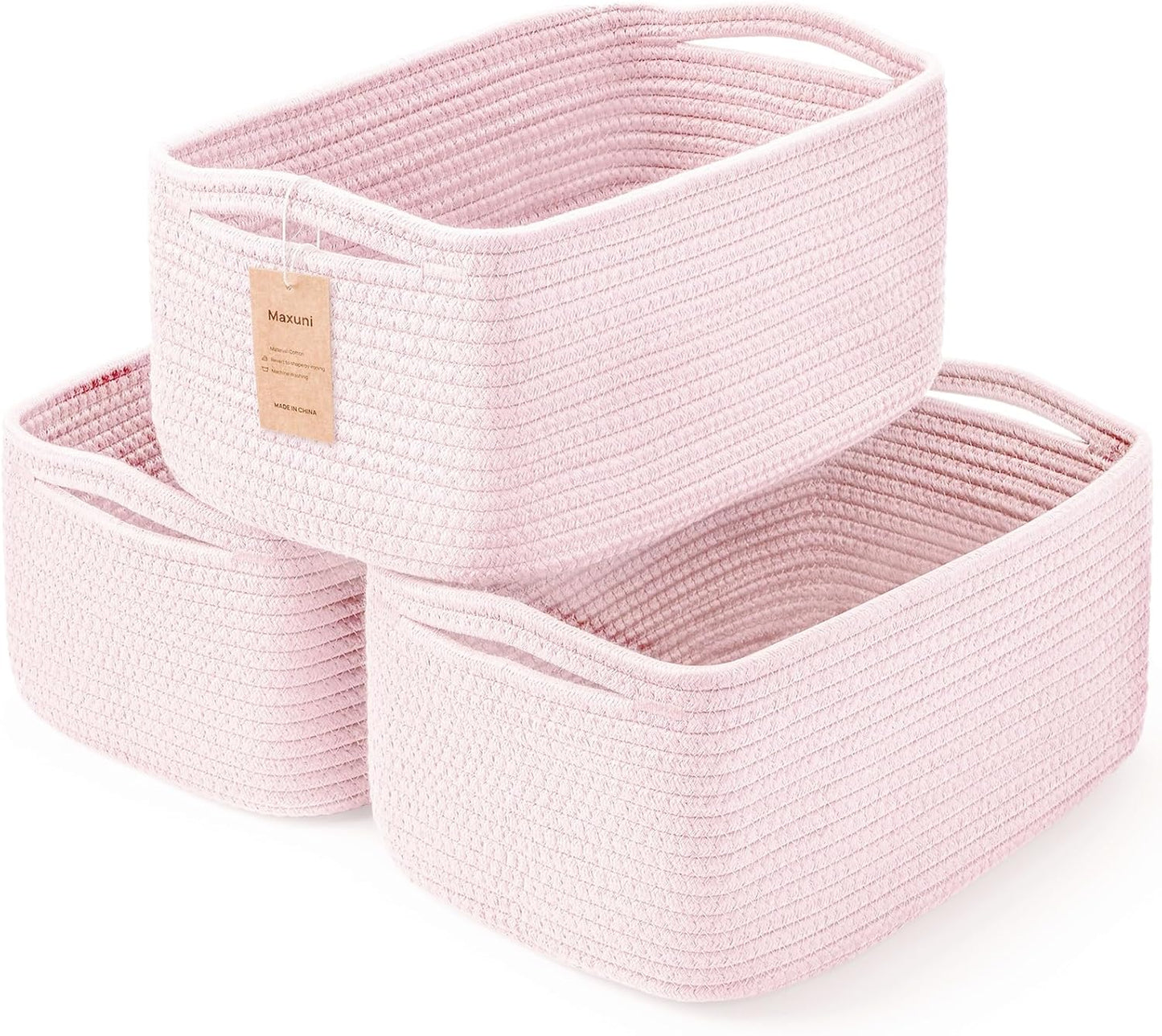 3-Pack Small Storage Baskets for Organizing | Woven Shelf Toy Basket | Rope Baskets for Gifts Empty | Closet Organizer Bins with Handles | Cube Decorative Box | 11.8×7.8×5.1” | Mixed brown