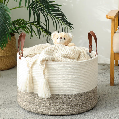 KAKAMAY Large Blanket Basket (20"x13"),Woven Baskets for storage Baby Laundry Hamper, Cotton Rope Blanket Basket for Living Room, Laundry, Nursery, Pillows, Baby Toy chest (White/Brown)