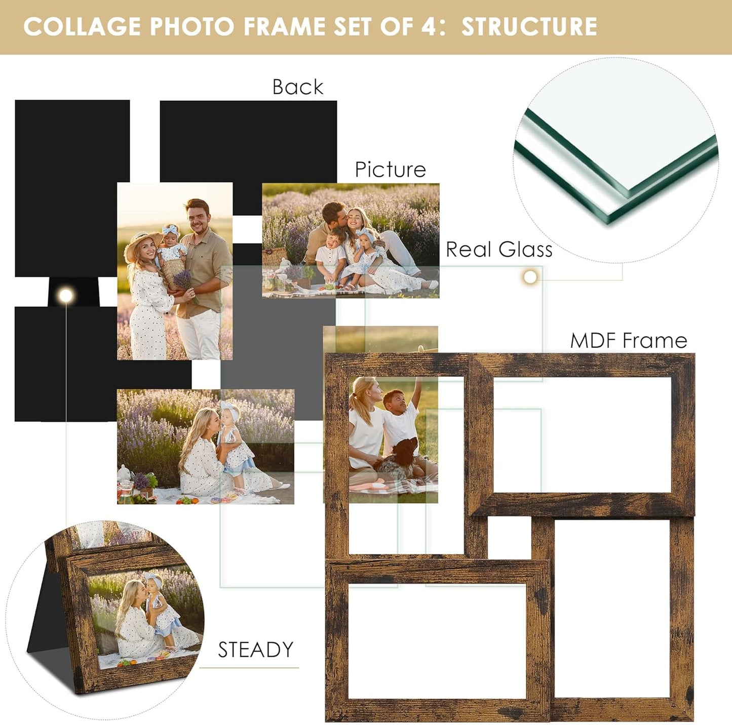 DUENPY 4x6 Collage Picture Frame Tempered Glass Front, Displays Four 4x6 Photo, Family Photo Collage Frame, Wall Decor Wall Hanging or Tabletop, Brown