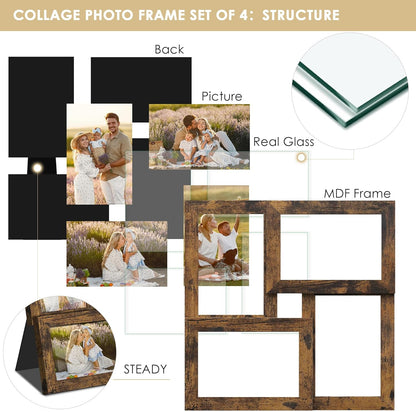 DUENPY 4x6 Collage Picture Frame Tempered Glass Front, Displays Four 4x6 Photo, Family Photo Collage Frame, Wall Decor Wall Hanging or Tabletop, Brown