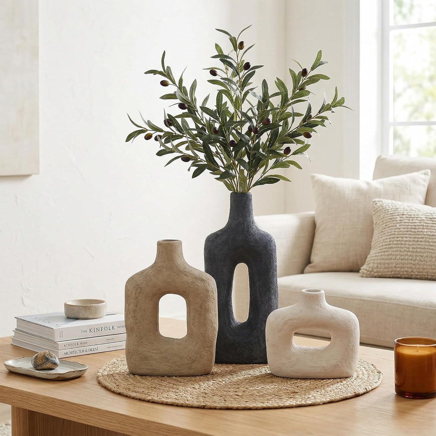 DREAMLOOM Ceramic Vase Set of 3, Modern Rustic Flower Vases for Pampas Grass, Dried & Fresh Flowers, Farmhouse Decorative Vase for Living Room Bedroom Kitchen Shelf Centerpiece, Rust