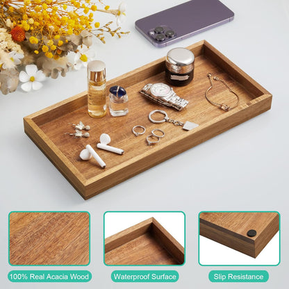 ALELION 11.7" Bathroom Vanity Tray for Counter - Acacia Wood Decorative Tray for Toilet Tank Makeup Perfume Jewelry Catchall Coffee Table - Wooden Kitchen Countertop Organizer for Soap Dispenser