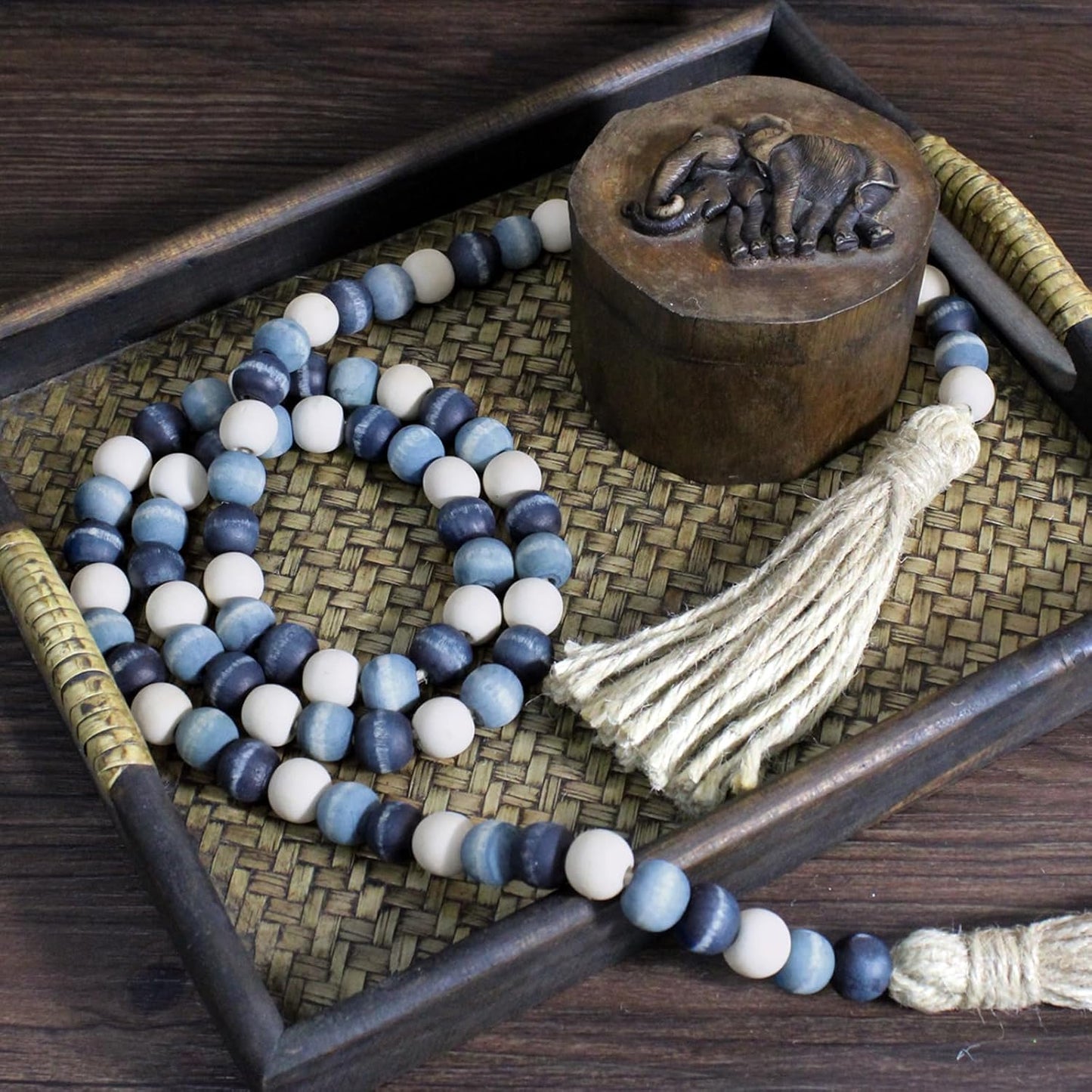 CVHOMEDECO. Wood Beads Garland with Tassels Farmhouse Rustic Wooden Prayer Bead String Wall Hanging Accent for Home Festival Decor. Mix Distressed
