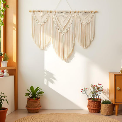 guzhiou large macrame wall hanging - Boho Tapestry Macrame Wall Decor Art- Chic Bohemian Handmade Woven Tapestry Home Decoration for Bedroom Living Room Apartment Wedding Party - 43"x32" (Wood bead)