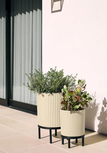 Veradek Demi Series Round Planter w/ Stand for Porch/Patio | Durable Plastic-Concrete & Wooden Stand | Modern Décor for Tall Plants, Flowers