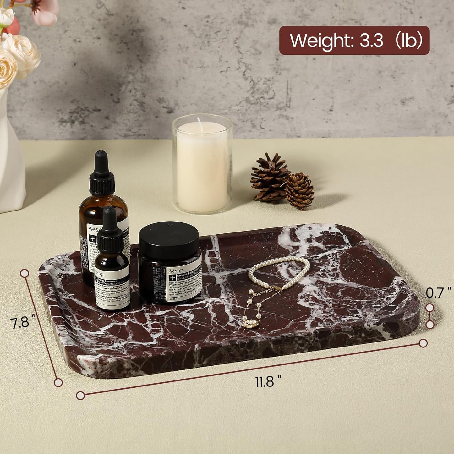 Marble Vanity Tray for Dresser Organizer, Travertine Bathroom Tray Countertop, Beige Decorative Serving Trays, Kitchen Sink Storage, Jewelry & Perfume Holder(Travertino Romano)