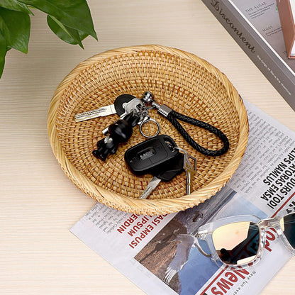 Hipiwe Small Key Basket Bowl for Entryway 7.6" Round Woven Wicker Basket Fruit Serving Tray Woven Basket Wall Decor Rattan Organizer Basket for Keys, Wallet,Whitewash