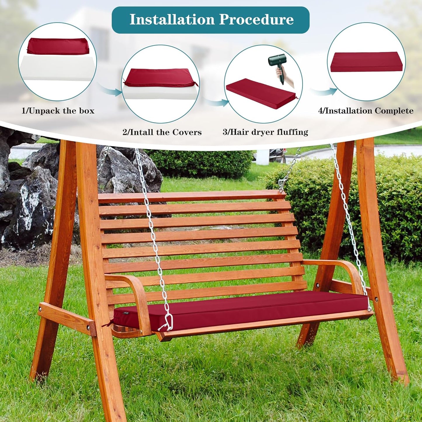 Outdoor Bench Cushions 48 x 18 Inch Thick Waterproof Porch Swing Cushions with Tie Patio Furniture Chair Cushion Bench Pad 5 Year Color Fastness Backyard Seat Pads Navy