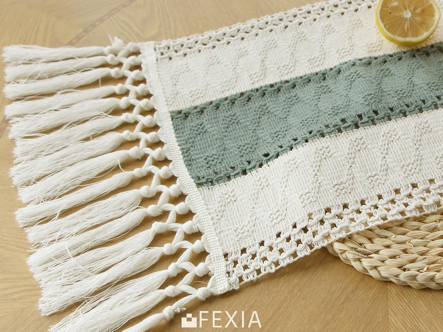 FEXIA Boho Table Runner for Thanksgiving Fall Christmas Home Decor with Tassels 72 Inches Long Pottery barn Furniture Farmhouse Rustic Macrame Burlap Table Decoration for Living Room (12x72 Inches)