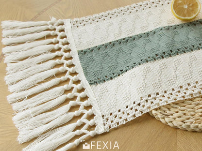 FEXIA Boho Table Runner for Thanksgiving Fall Christmas Home Decor with Tassels 72 Inches Long Pottery barn Furniture Farmhouse Rustic Macrame Burlap Table Decoration for Living Room (12x72 Inches)