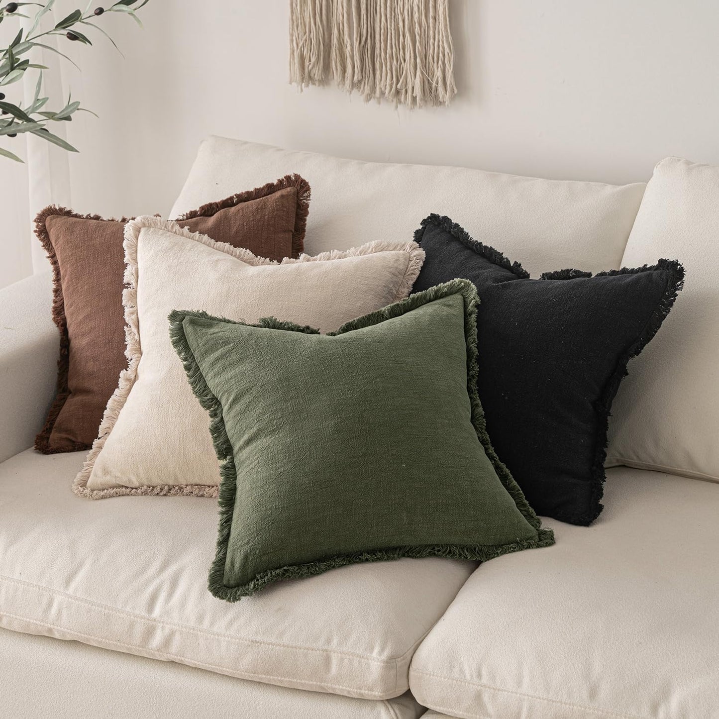 MIULEE Decorative Throw Pillow Covers Neutral Linen Fringe Throw Pillows Set of 2 Natural Beige Boho Farmhouse Cushion Covers with Tassels for Couch Sofa Bed Spring Home Decor 20x20 Inch