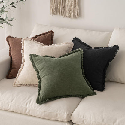 MIULEE Decorative Throw Pillow Covers Neutral Linen Fringe Throw Pillows Set of 2 Natural Beige Boho Farmhouse Cushion Covers with Tassels for Couch Sofa Bed Spring Home Decor 20x20 Inch