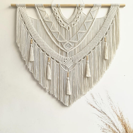 guzhiou large macrame wall hanging - Boho Tapestry Macrame Wall Decor Art- Chic Bohemian Handmade Woven Tapestry Home Decoration for Bedroom Living Room Apartment Wedding Party - 43"x32" (Wood bead)