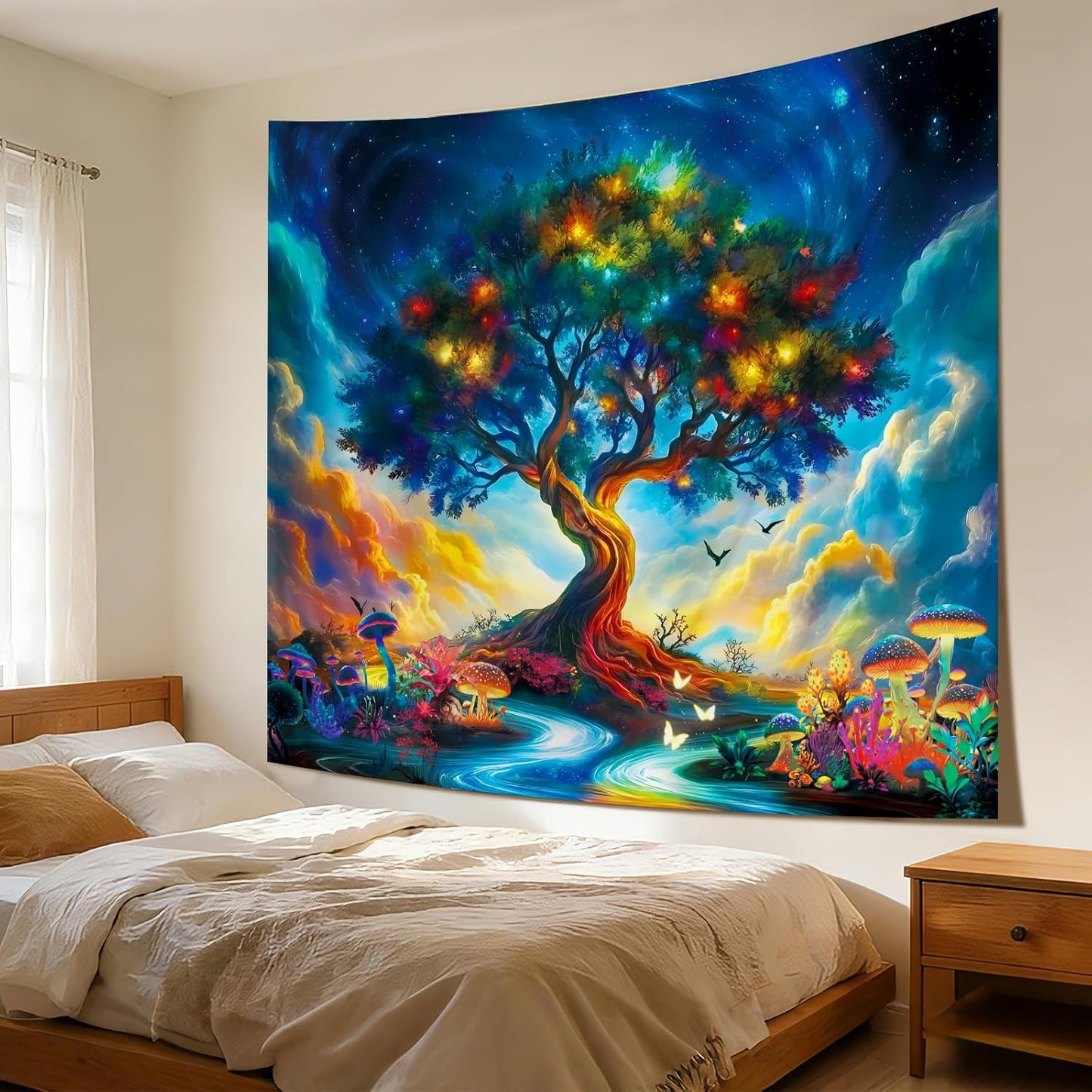 Apdidl Forest Galaxy Starry Tapestry for Bedroom Ceiling, Blue Space Night Starry Sky Moon Stars Tapestry Aesthetic, Tree Forest Milky Way Backdrop Wall Hanging for Dorm Living Room Decor (51" X 60")