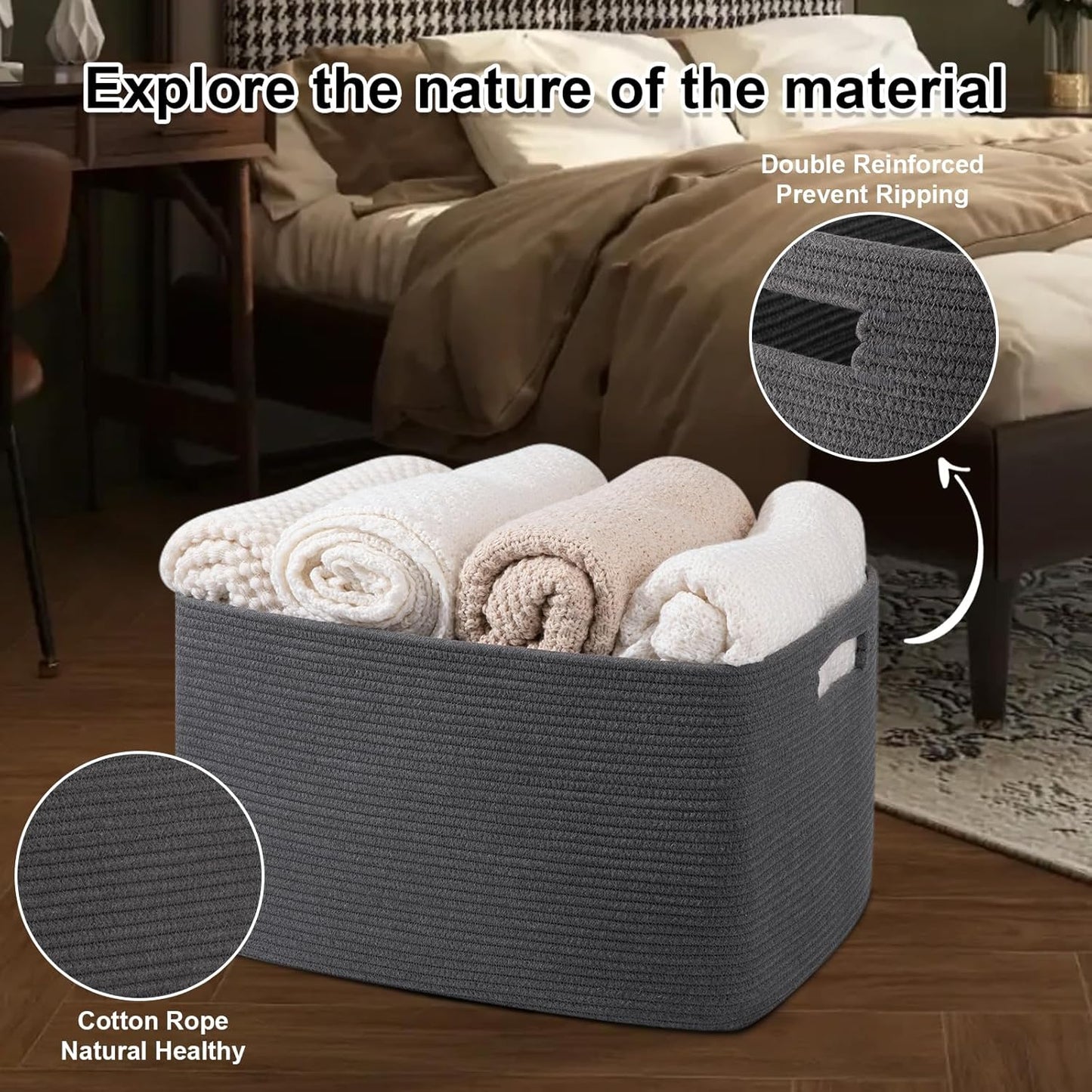 OIAHOMY 75L Large Woven Cotton Rope Storage Basket with Handle for Organizing Blanket and Toys for Living Room, Nursery, Brown Variegated 22”x17”x12”
