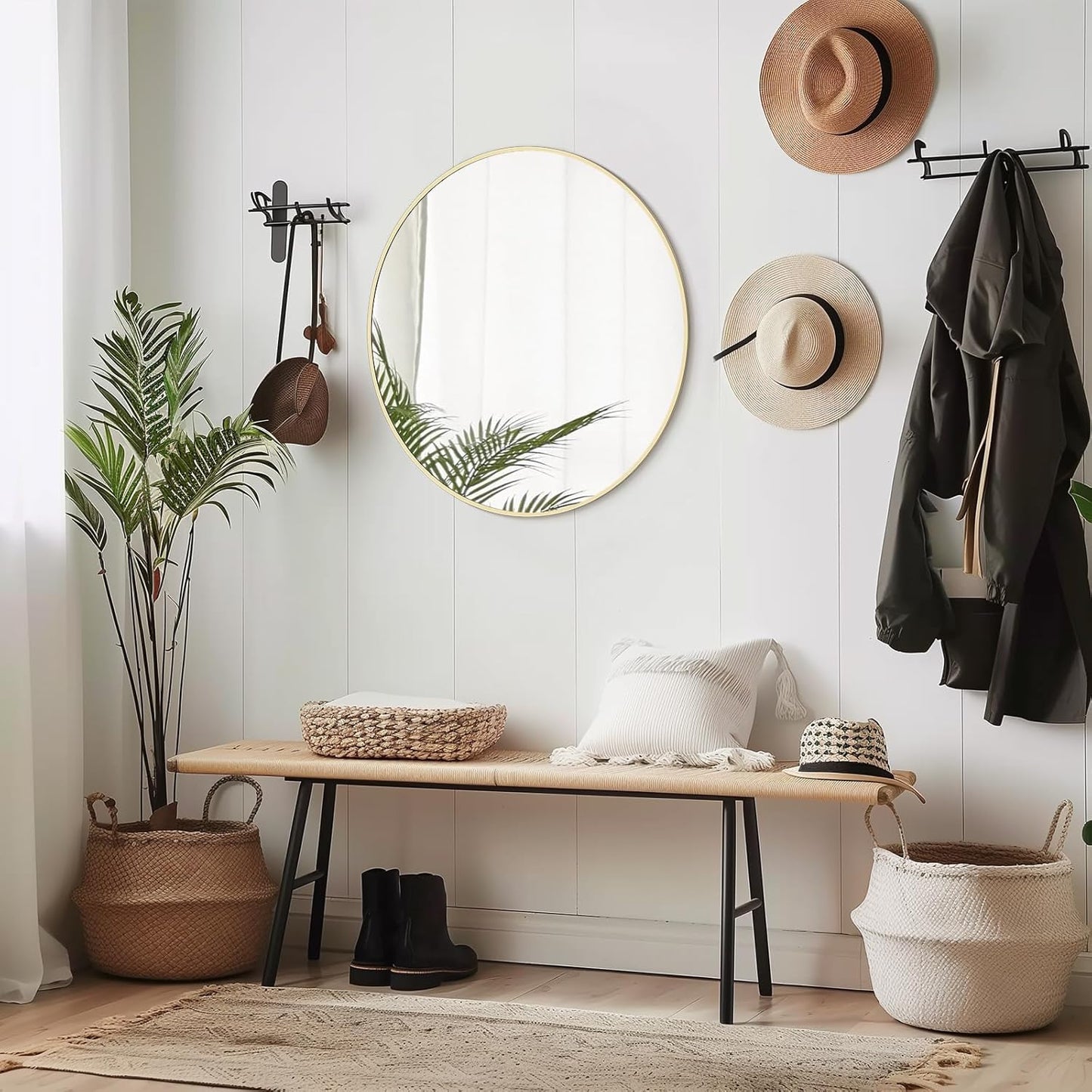 WallBeyond Wood Round Mirror with Wood Frame 24 inch Circle Wall Mirror for Bathroom Round Wall Mirror for Wall Decor, Vanity, Entryway Living Room (Walnut)