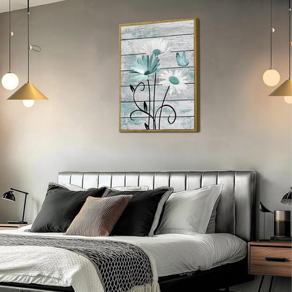HVEST Farmhouse Floral Wall Art for Living Room, Blue and White Daisy Flower and Butterfly on Rustic Wood Board Canvas Wall Art Framed Artwork Ready to Hang for Bathroom Bedroom Decor, 16L X 12W