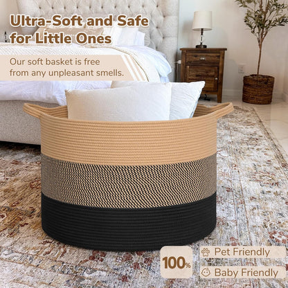 INDRESSME XXXLarge Blanket Basket for Living Room 21.7" x 21.7" x 13.8"-Storage Basket with Handle for Organizing Toy Pillows Woven Cotton Rope Laundry Basket Stuffed Animal Toy Storage for Play Room
