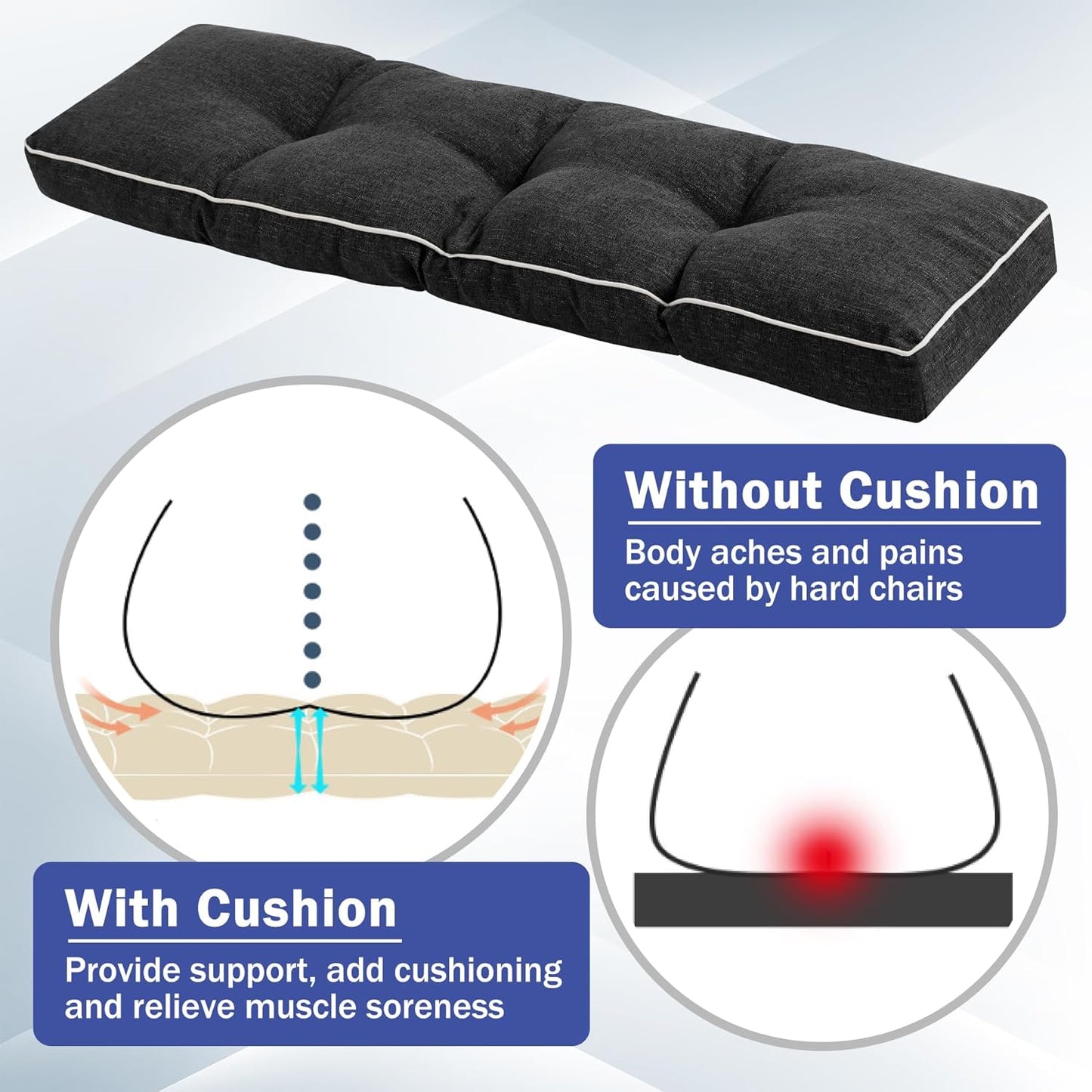 IPYNBAP Bench Cushion, 42 x 16 Inch Patio Furniture Cushions with Durable Ties, Soft Memory Foam Bench Cushions for Indoor/Outdoor Furniture with Non-Slip Bottom, Kitchen&Dining, Dark Grey
