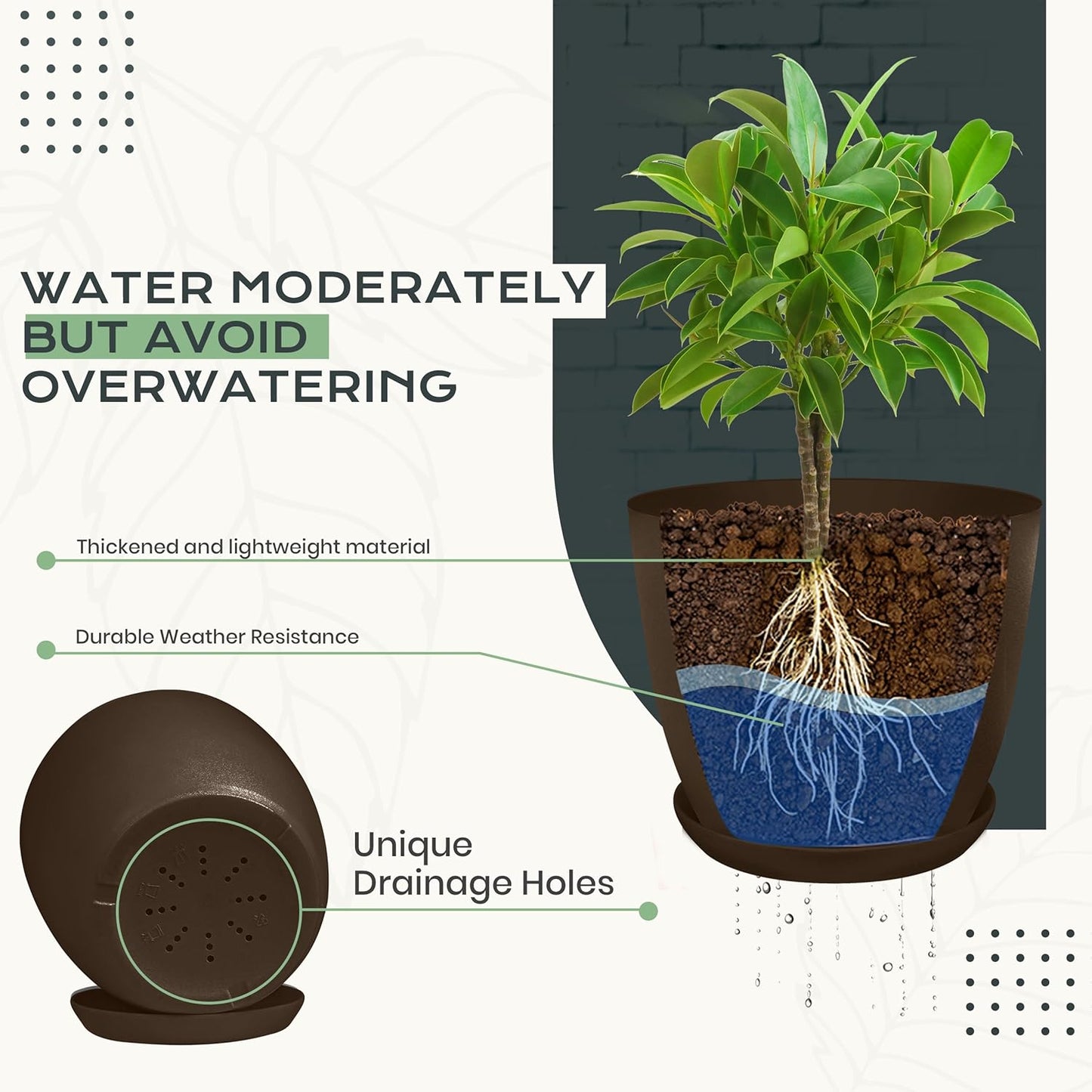Utopia Home Plant Pots Indoor with Drainage Holes – Set of 5 White Plastic Flower Pots (7/6.6/6/5.3/4.8 Inch) – Modern Planters for Indoor Plants, Room & Office Décor, Great Stocking Stuffers