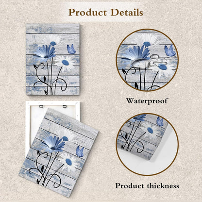 HVEST Farmhouse Floral Wall Art for Living Room, Blue and White Daisy Flower and Butterfly on Rustic Wood Board Canvas Wall Art Framed Artwork Ready to Hang for Bathroom Bedroom Decor, 16L X 12W