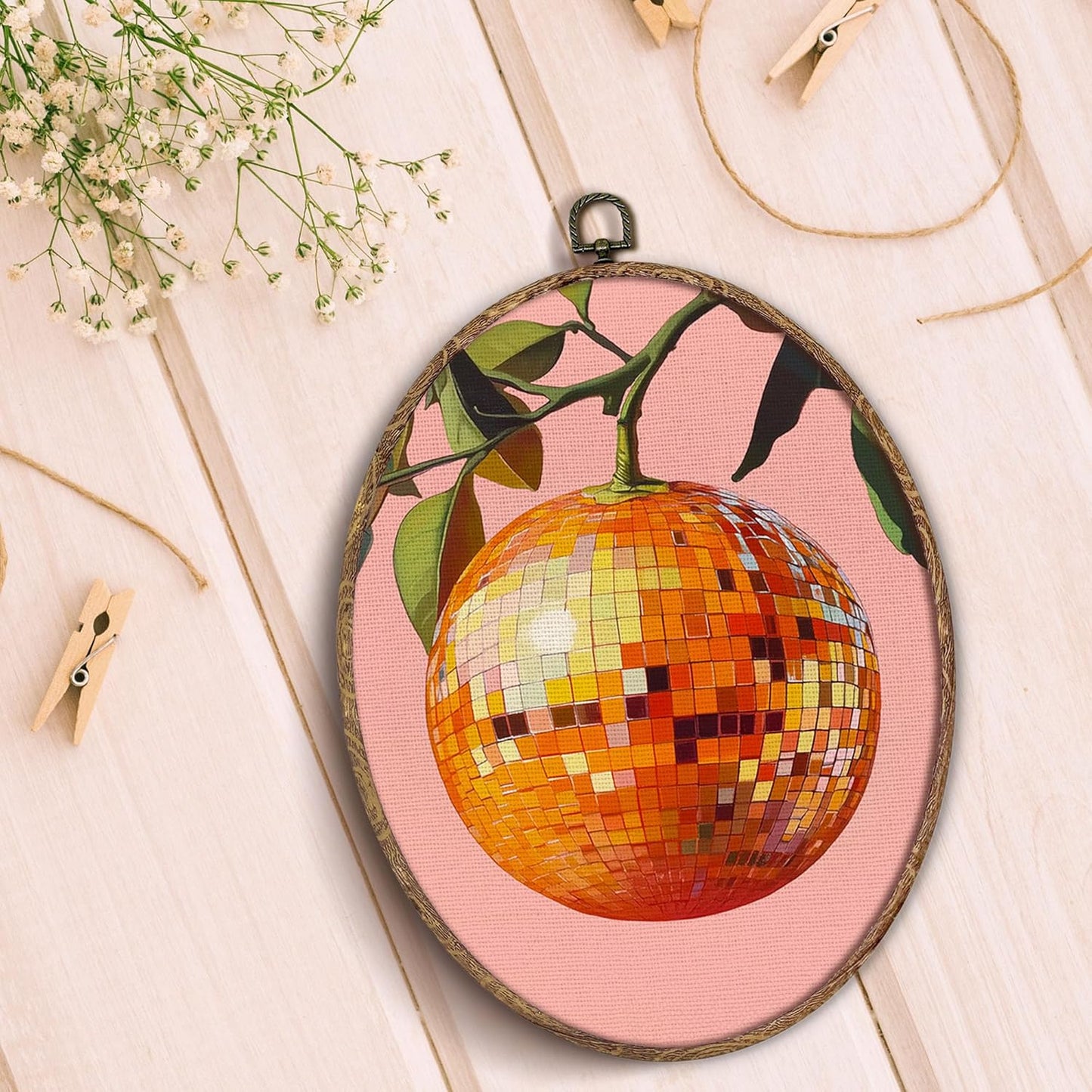 Trendy Funky Orange Disco Ball Oval Wall Art Framed, Funky Retro Oval Wall Decor, Trendy Aesthetic Hanging Canvas Prints Wall Sculptures for Home Living Room Bedroom Decor, 8.5x11.5 Inch