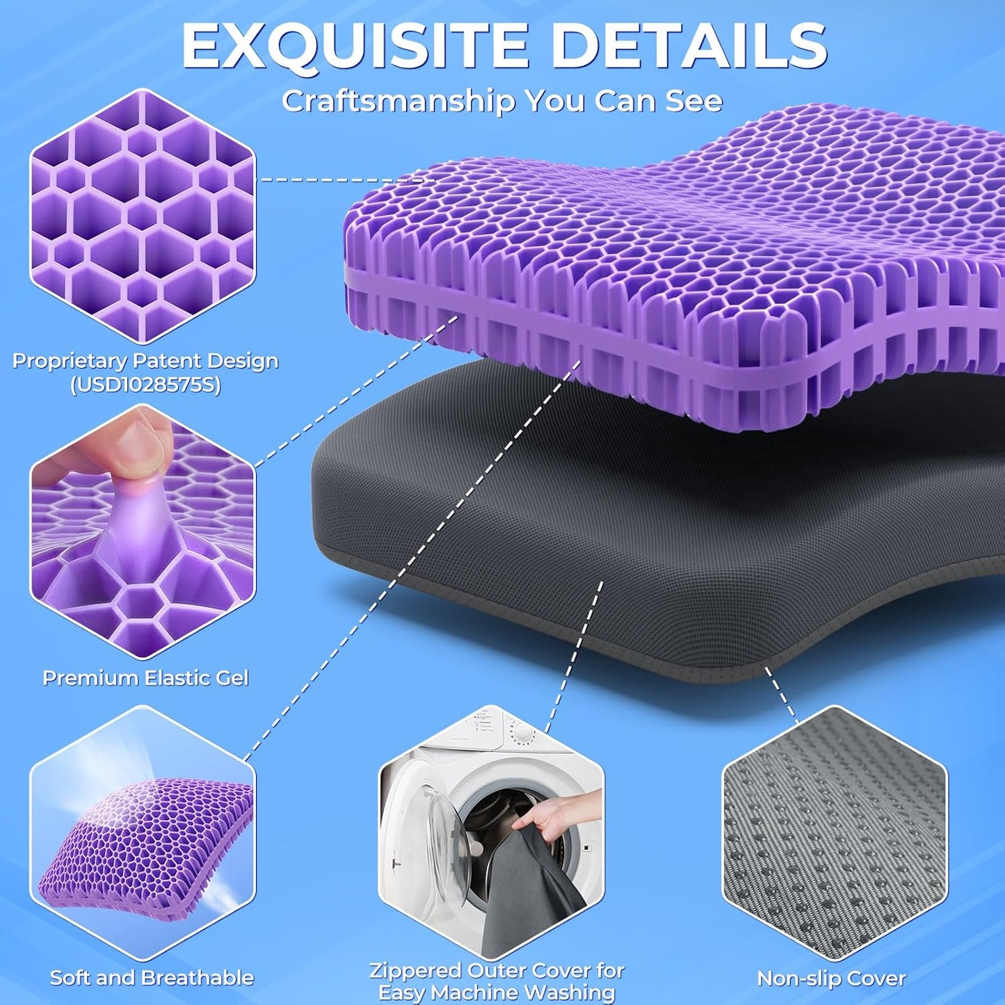 TushGuard Gel Seat Cushion for Long Sitting, Enlarged & Thickened Patent Design, Breathable Cooling for Office Chair, Soft Car Seat Cushion for Wheelchair (Standard, Black)
