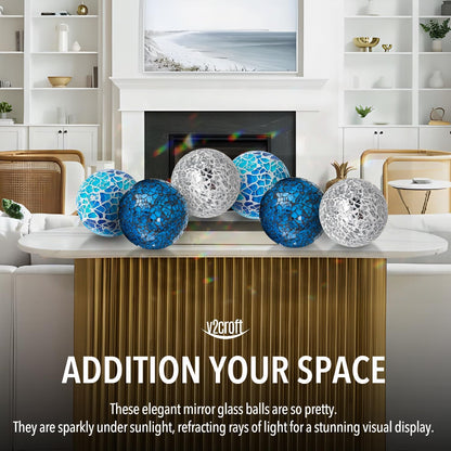 2.4 in Decorative Orbs Glass Balls Set of 6,Mosaic Sphere Globe for Whole Housewares,Wedding/Birthday,Bowls,Vases Dining Table Centerpieces (Gold)