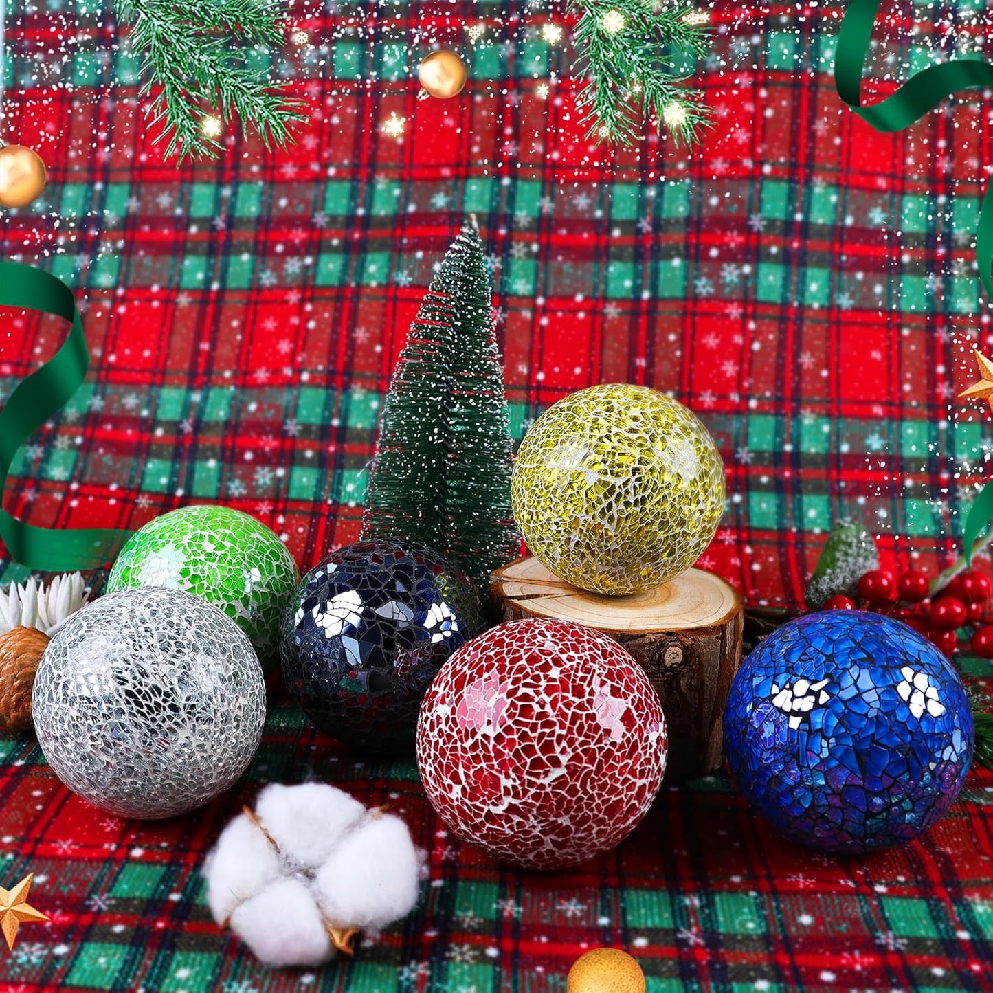 3 Pack Blue Decorative Orbs Mosaic Crack Glass Balls Decor Solid Sphere Globe Bowl Vase Fillers Holiday Living Room Mantle Basket Centerpiece 3.35 Inch