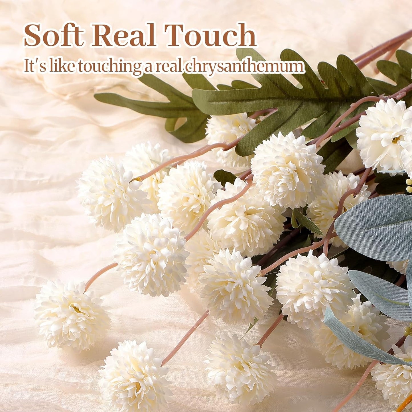 Alupssuc 16PCS Faux Silk Pompon Mums Artificial Flowers with Eucalyptus, Fake Chrysanthemum Floral for DIY Vase Arrangement, Long Stem Dining Table Centerpiece Home Decor, Beige