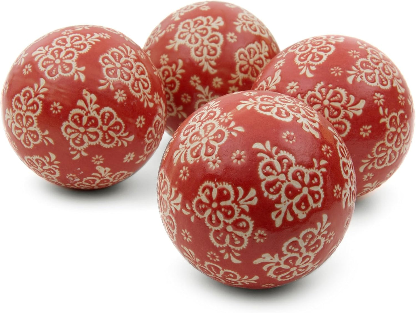 Red Lantern 4" Porcelain Ball Set - Set of 4 Decorative Balls, Red and Beige Vines