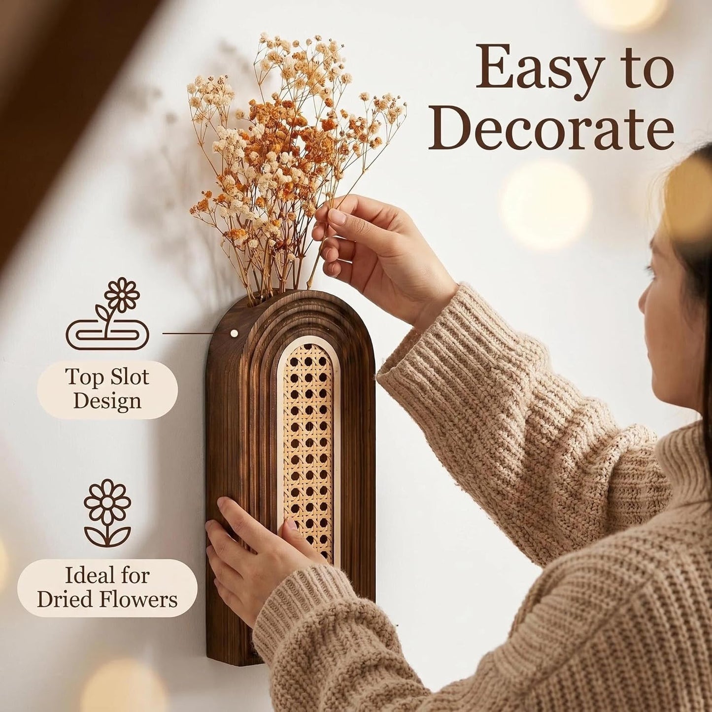 Dnnnii 2 Pack Wooden Wall Vase Set - Brown Finish Modern Farmhouse & Boho Wall Decor for Entryway, Hallway, Bathroom, Living Room, Dining Room, Narrow Spaces