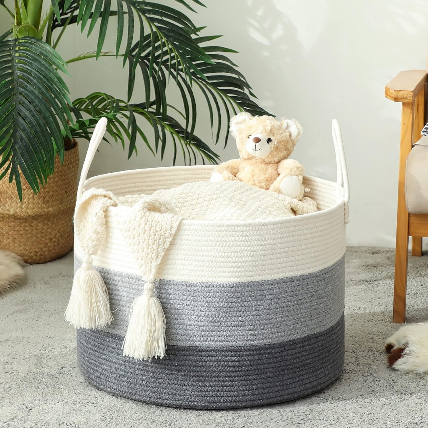 KAKAMAY Large Blanket Basket (20"x13"),Woven Baskets for storage Baby Laundry Hamper, Cotton Rope Blanket Basket for Living Room, Laundry, Nursery, Pillows, Baby Toy chest (White/Brown)